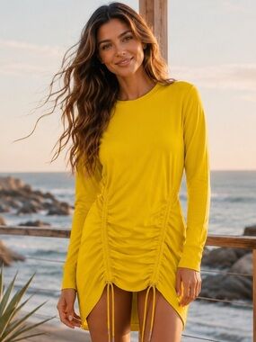 Closette Chic Yellow Ruched Drawstring Sweatshirt Vacation Dress Bright Yellow S